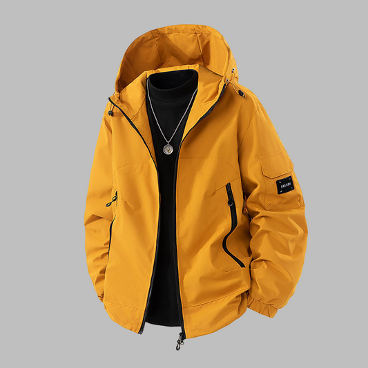 Men's Jacket – Relaxed Fit with Hood, Adjustable Waist, and Multiple Zipper Pockets