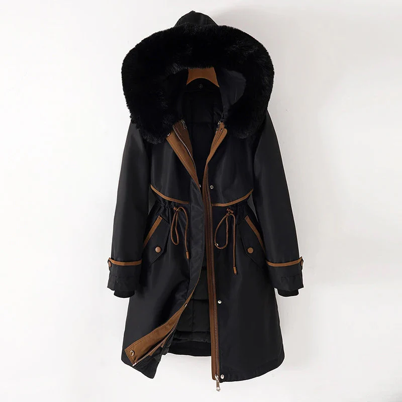 Raincoat with Faux Fur Hood – Long Quilted Jacket with Adjustable Waist