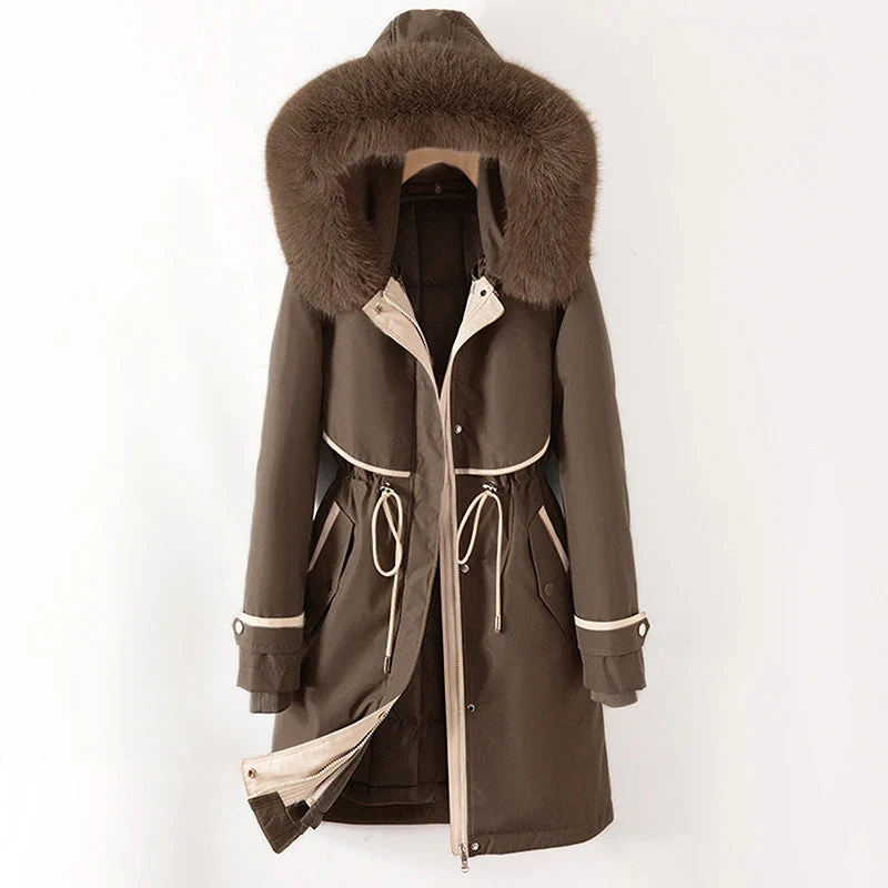 Raincoat with Faux Fur Hood – Long Quilted Jacket with Adjustable Waist