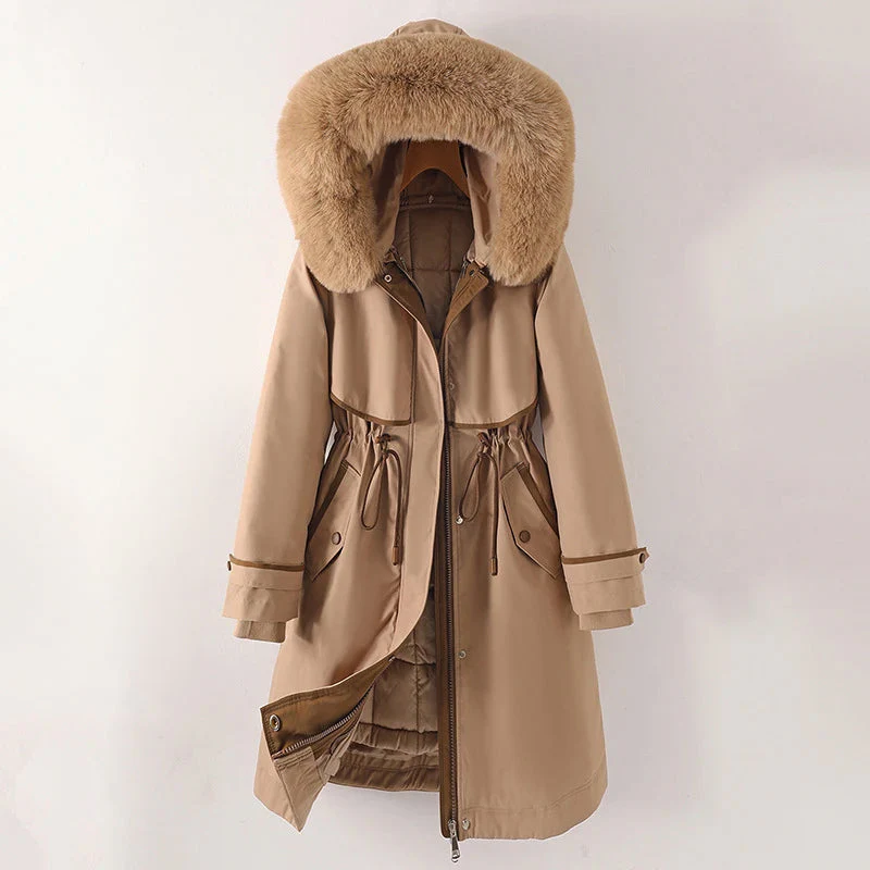 Raincoat with Faux Fur Hood – Long Quilted Jacket with Adjustable Waist