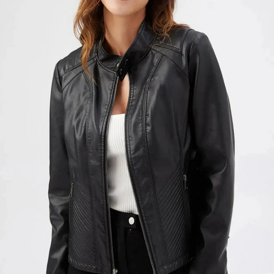 Slim Fit Down Jacket in Faux Leather with Quilted Panels and Zipper