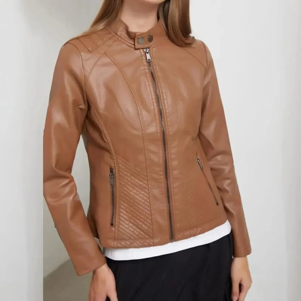 Slim Fit Down Jacket in Faux Leather with Quilted Panels and Zipper