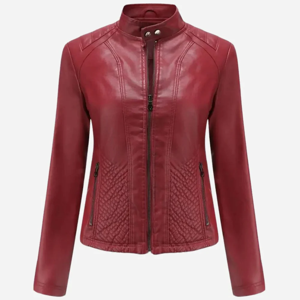 Slim Fit Down Jacket in Faux Leather with Quilted Panels and Zipper