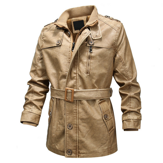 Men's Leather Trench Coat with Asymmetric Zipper