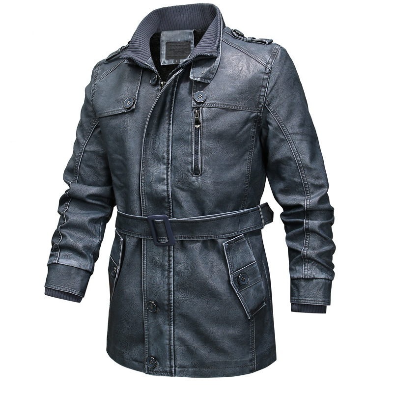 Men's Leather Trench Coat with Asymmetric Zipper
