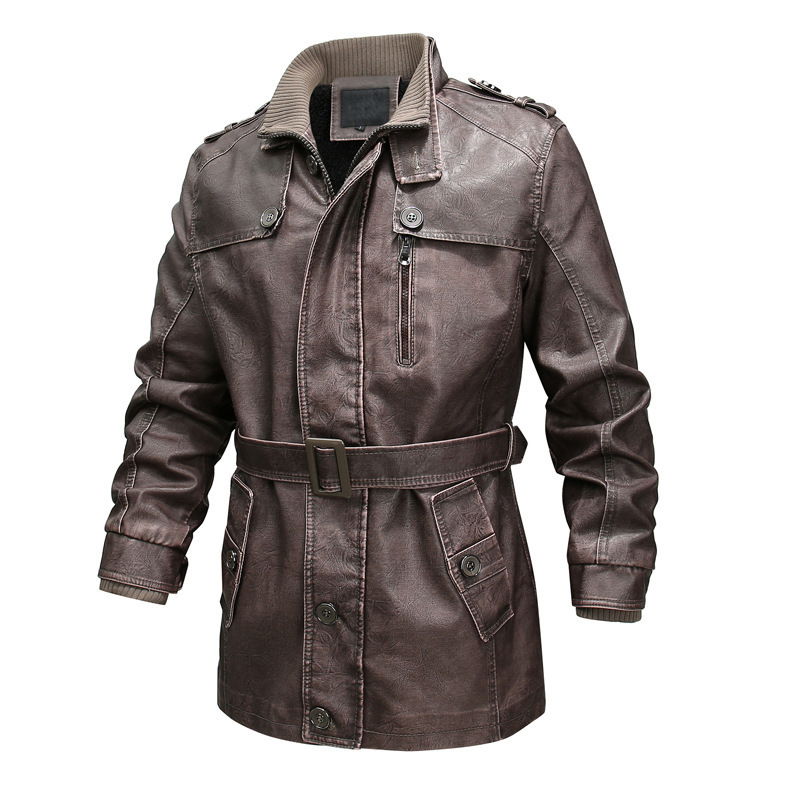 Men's Leather Trench Coat with Asymmetric Zipper
