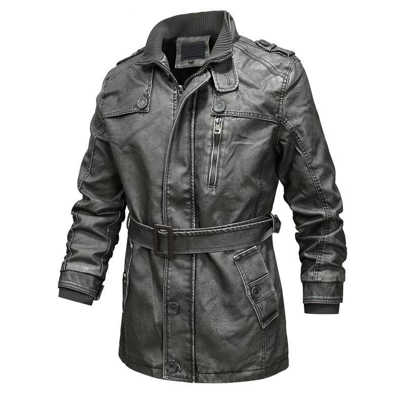 Men's Leather Trench Coat with Asymmetric Zipper