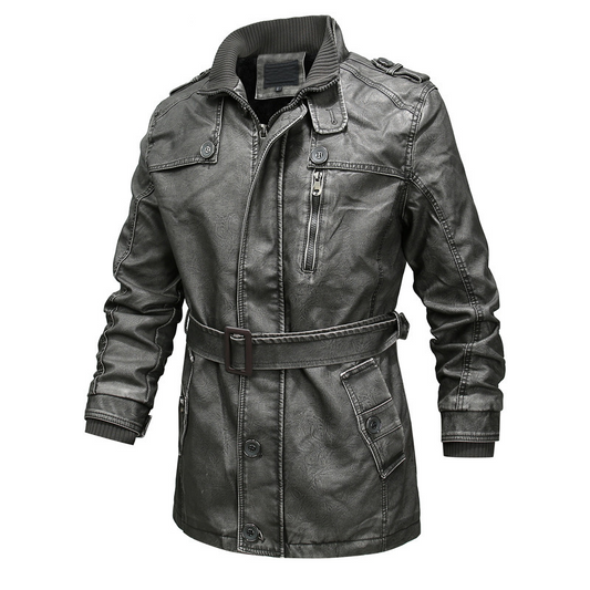 Men's Leather Trench Coat with Asymmetric Zipper