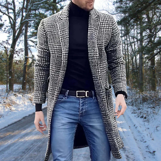 Mr. Trenchcoat Slim Fit – Wool Mix with Small Check Pattern and Classic Notch Lapel Collar