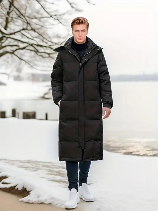 Men's Long Puffer Jacket – Quilted and Water-Repellent with Hood