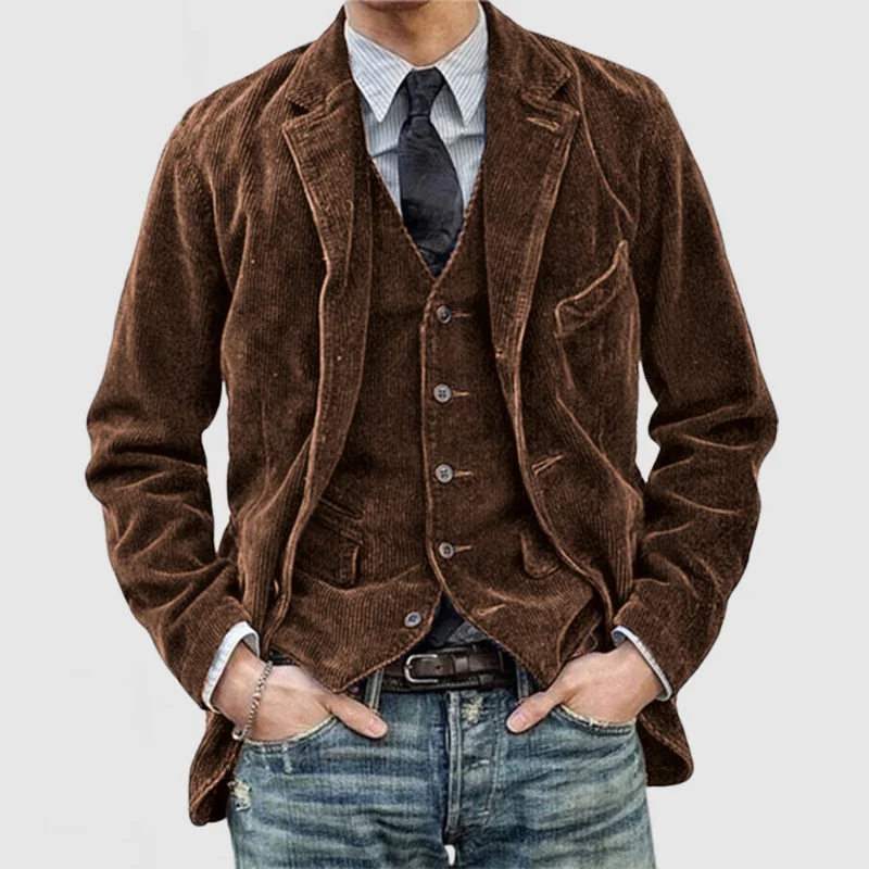 Men's Blazer Set – Relaxed Fit with Ribbed Corduroy and Tailored Vest Silhouette