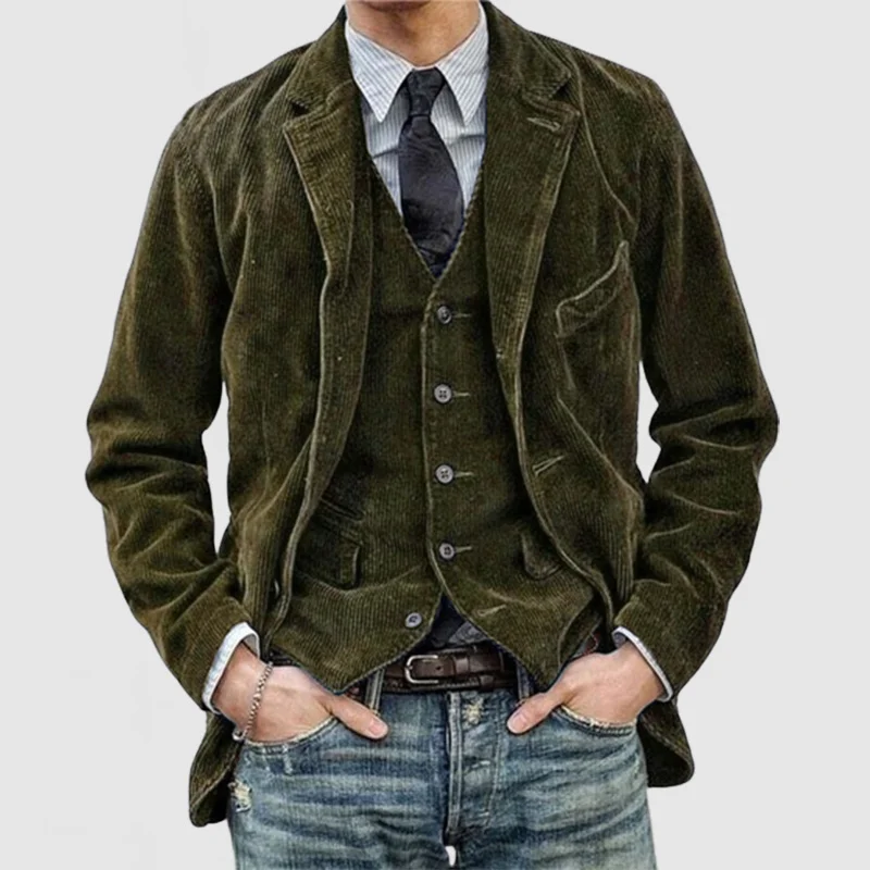 Men's Blazer Set – Relaxed Fit with Ribbed Corduroy and Tailored Vest Silhouette
