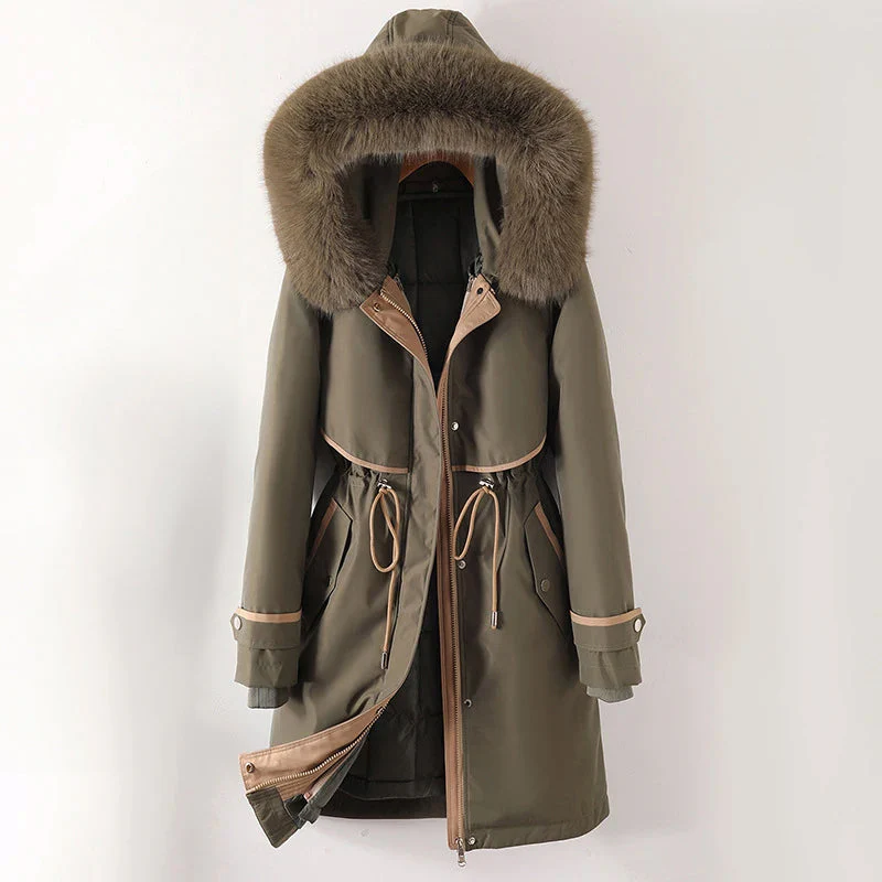 Raincoat with Faux Fur Hood – Long Quilted Jacket with Adjustable Waist