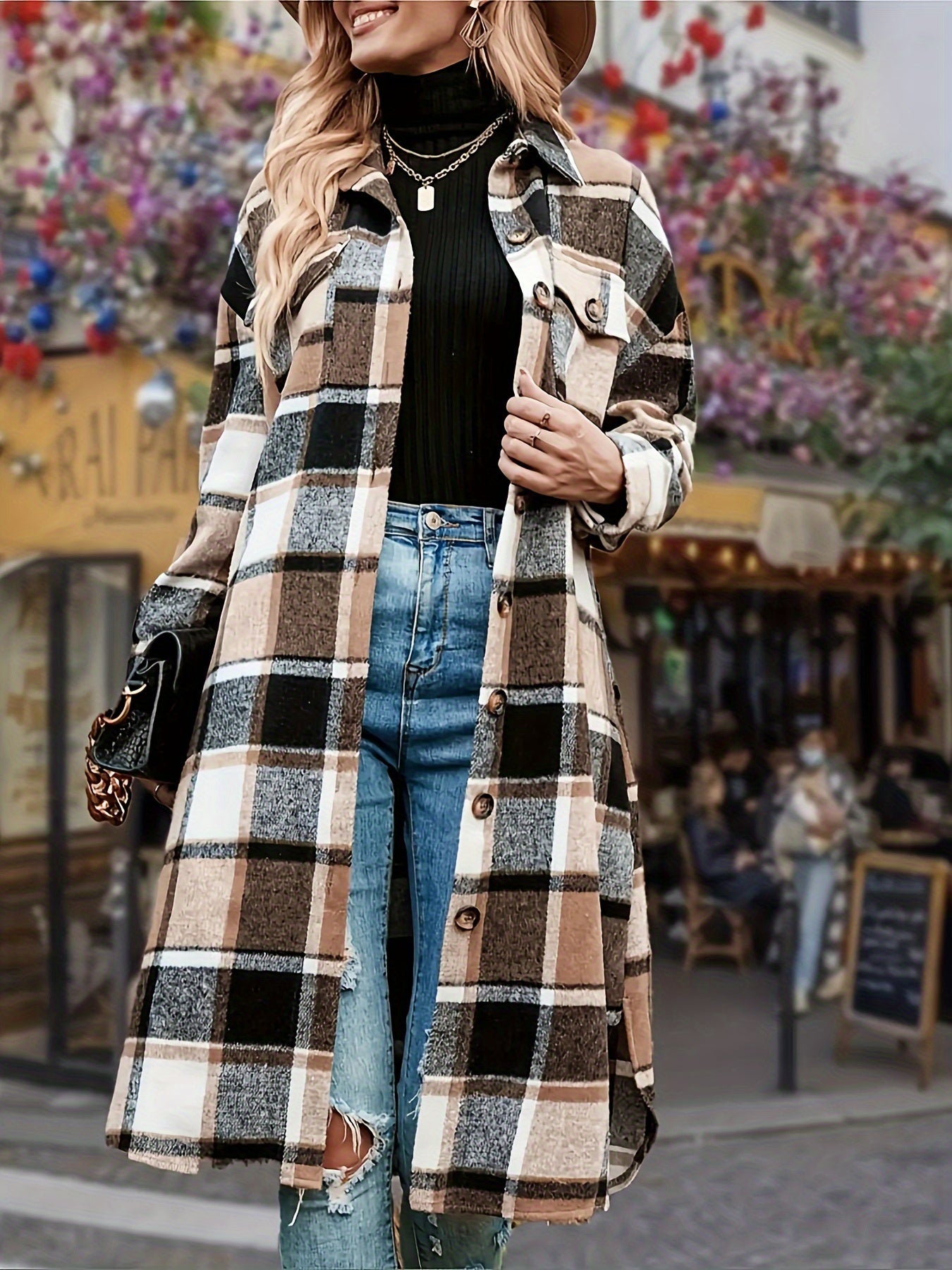 CLARISSE™ | Elegant Long Tweed Coat in Black & White