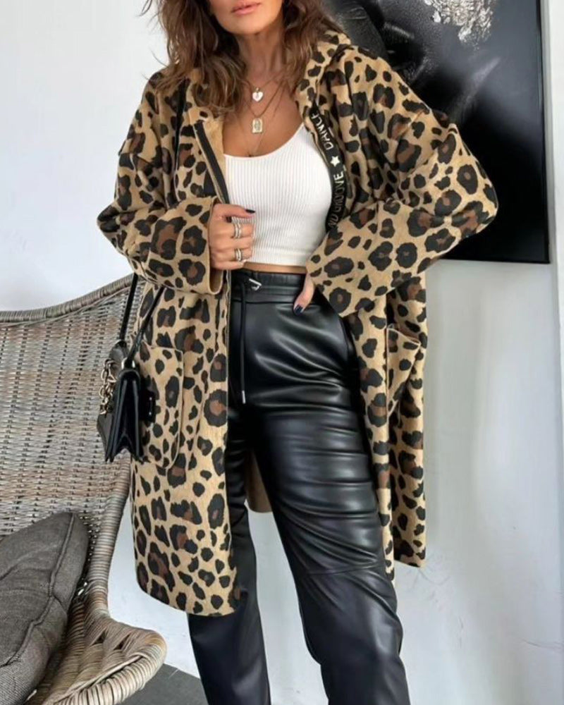 Elisea Dam Hoodie Kappa with Leopard Patterned Pocket – Casual Outer Jacket
