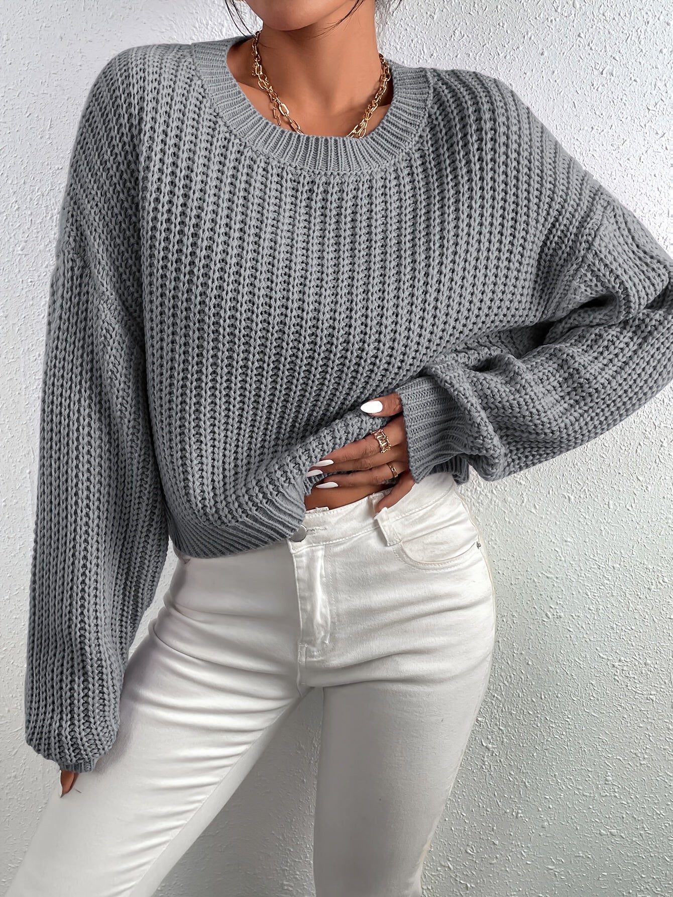 Alma™ | Solid Ribbed Knit Sweater with Round Neck for Women