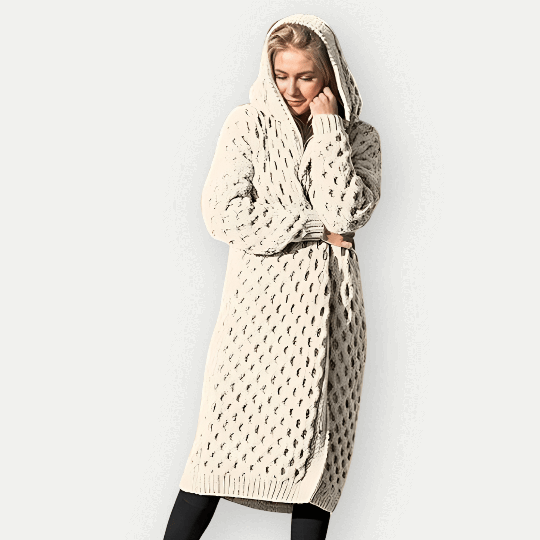 Down Jacket with Hood – Relaxed Fit, Long Cable Knit Open Front