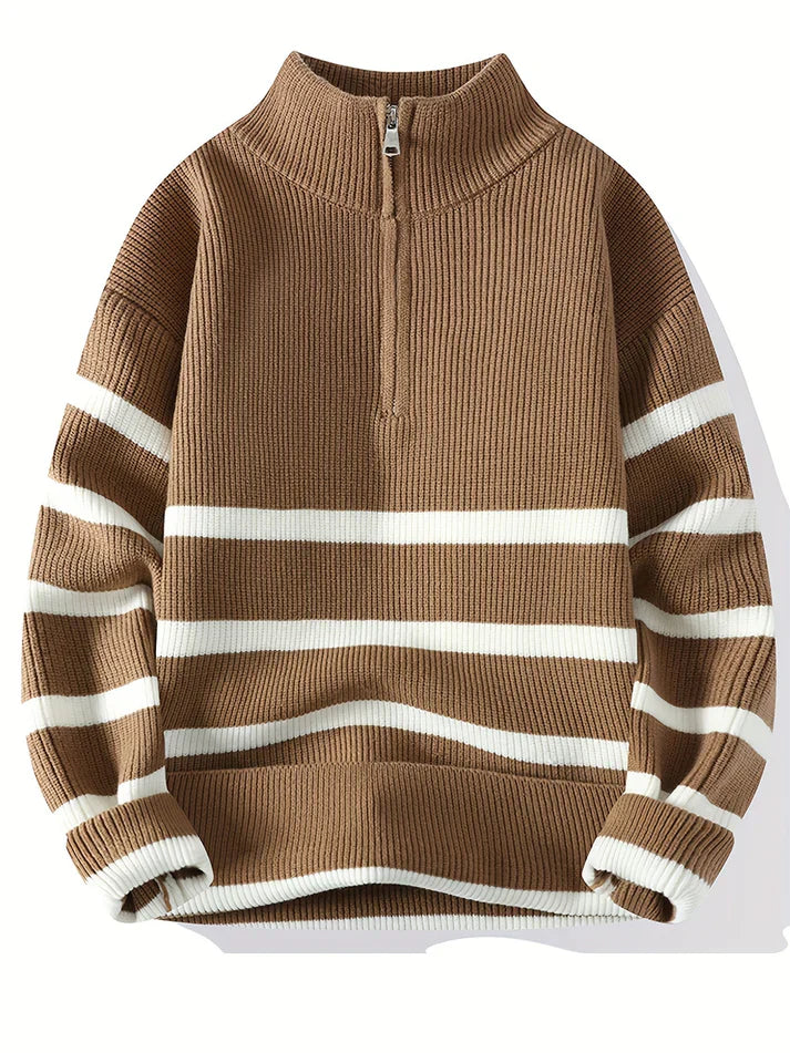 Talon Men's Striped Knitted Sweater – Quarter-Zip Pullover for Fall/Winter