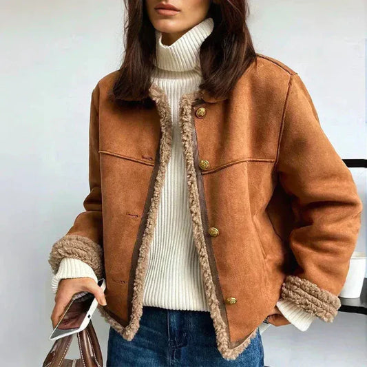 Relaxed Women's Jacket with Sheepskin Details – Front Button Closure