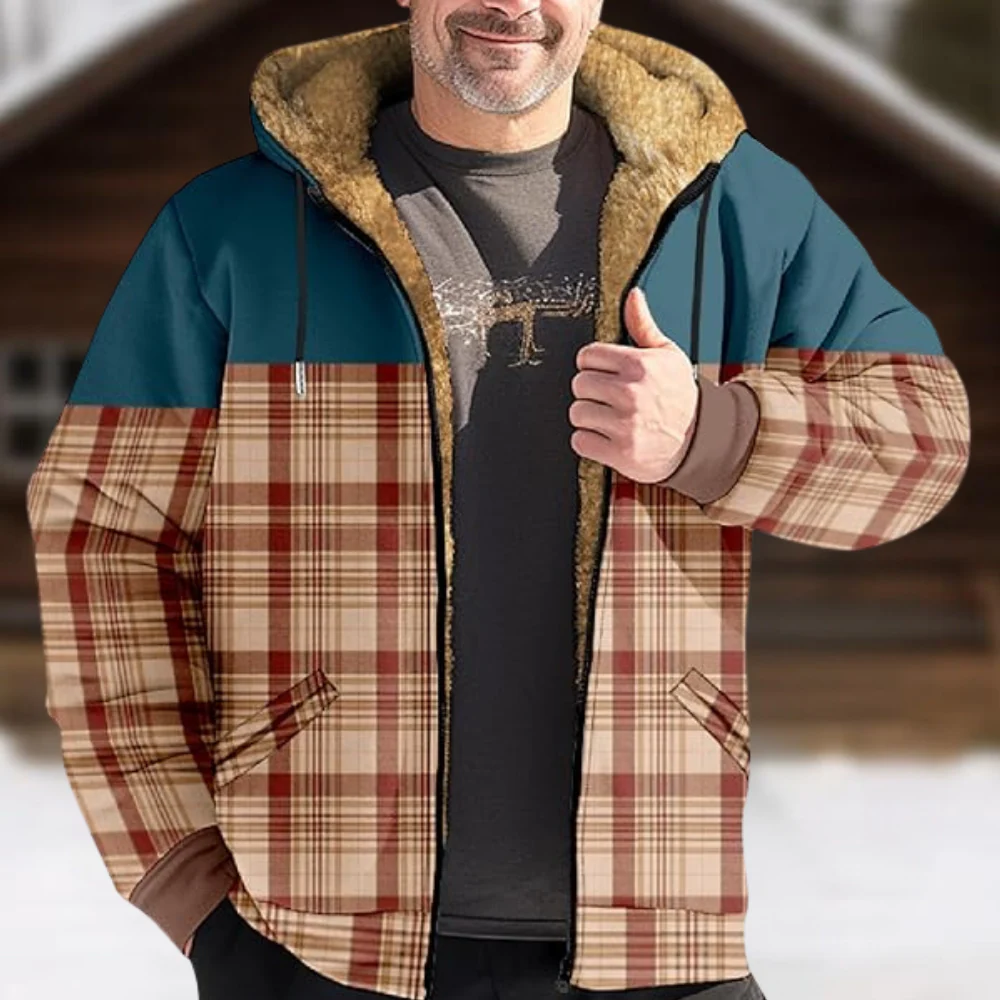 Men's Jacket Mid-length with Hood and Faux Fur – Casual Checkered Style