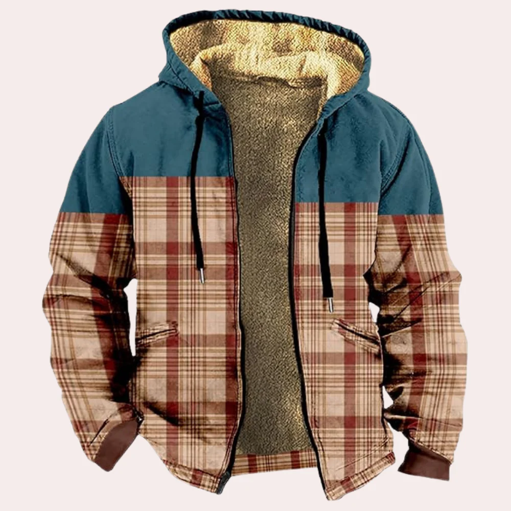 Men's Jacket Mid-length with Hood and Faux Fur – Casual Checkered Style