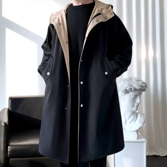 Herrrock surdimensionné – Modèle long en mélange de laine avec capuche et fermeture à boutons