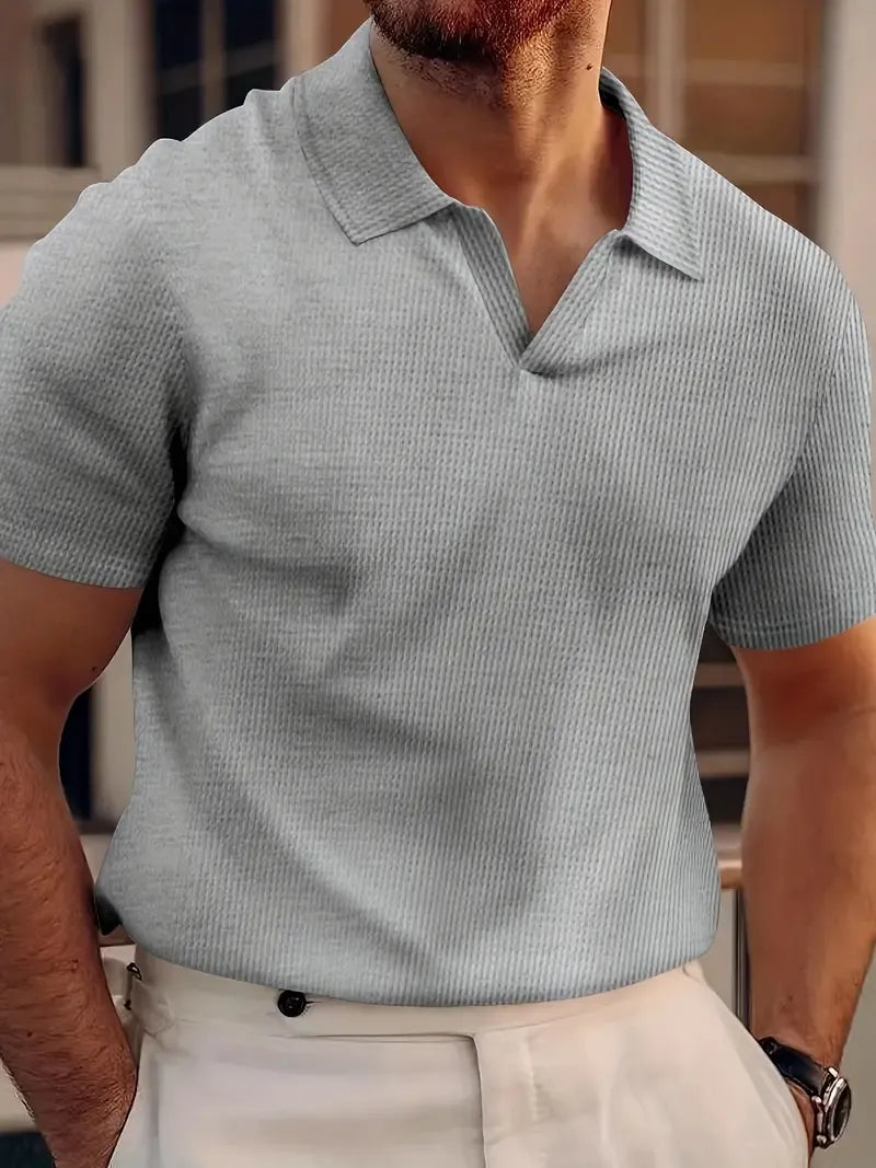 León | Slim Fit Polo Shirt with V-neck in Waffle Knit