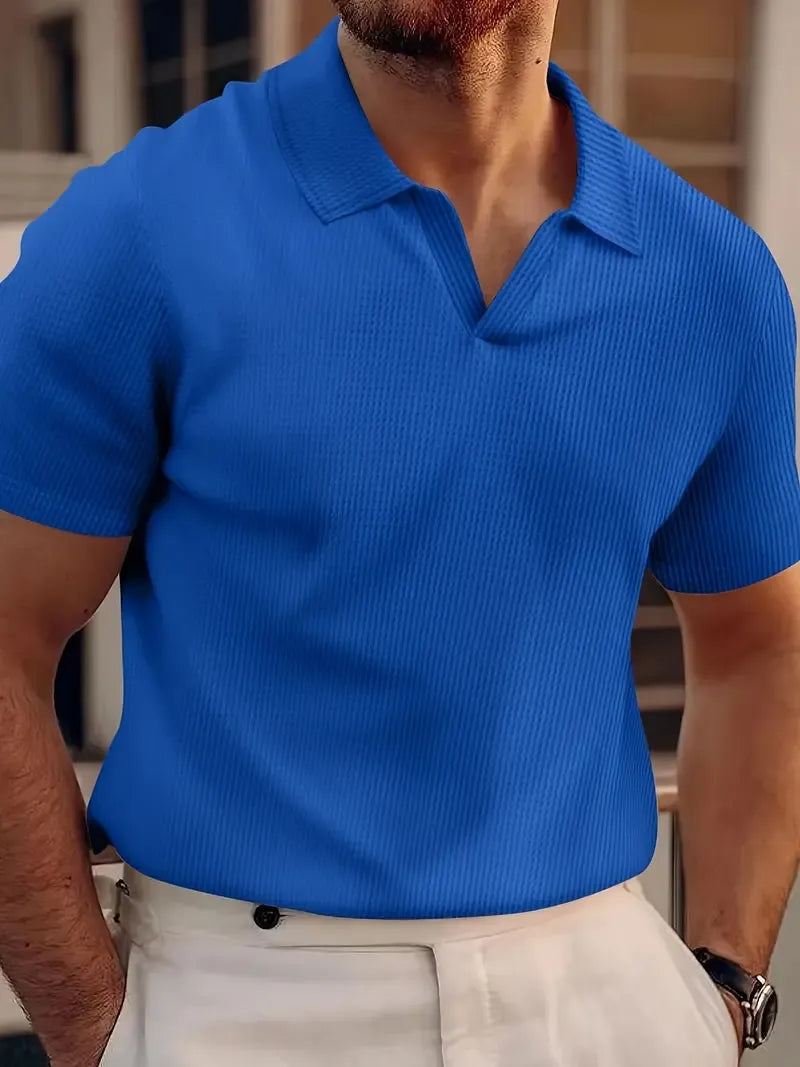 León | Slim Fit Polo Shirt with V-neck in Waffle Knit