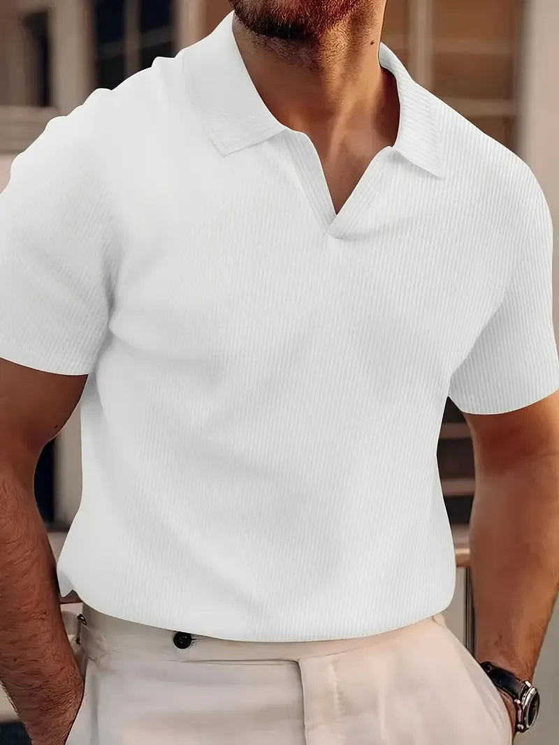 León | Slim Fit Polo Shirt with V-neck in Waffle Knit