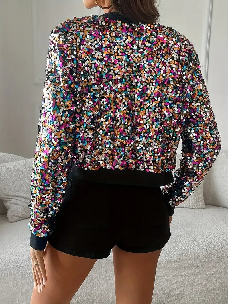 Glittery Bomber Jacket Women – Short Sequin Jacket with Trendy Fit