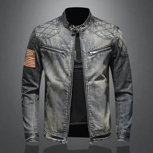 Andreas – Relaxed Slim Fit Denim Jacket with Quilted Shoulders and Stand Collar