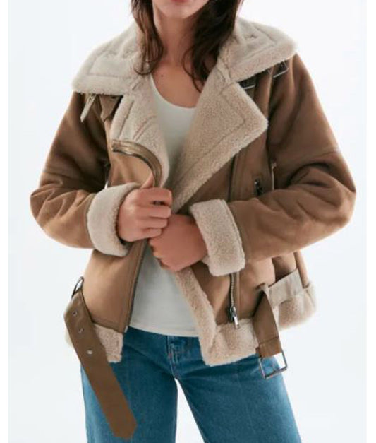 Shearling Down Jacket – Aviator Model with Asymmetric Zipper and Soft Suede Feel