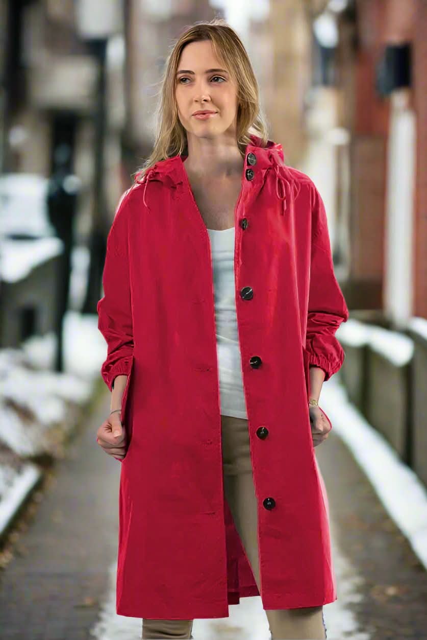 Dam Rain Jacket Knee-Length – Waterproof With Hood and Button Closure