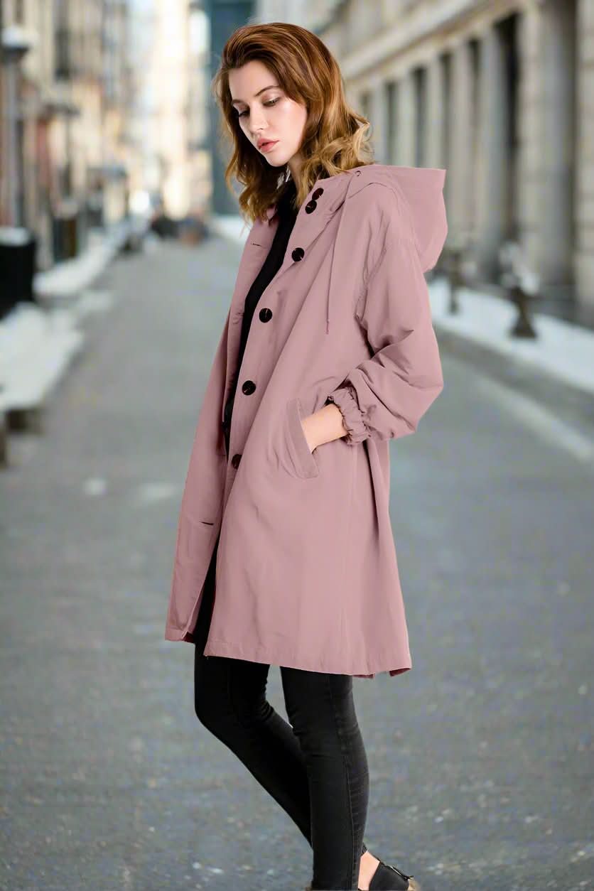 Dam Rain Jacket Knee-Length – Waterproof With Hood and Button Closure