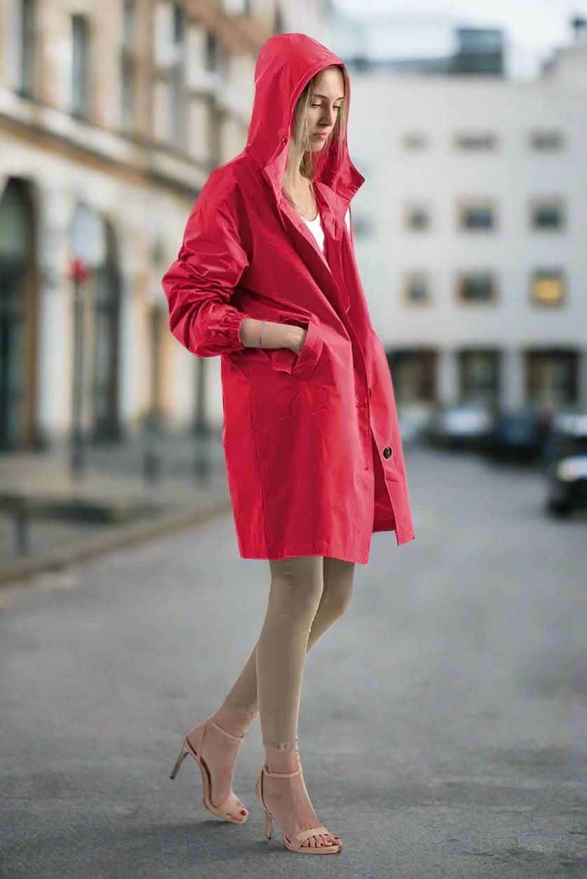 Dam Rain Jacket Knee-Length – Waterproof With Hood and Button Closure